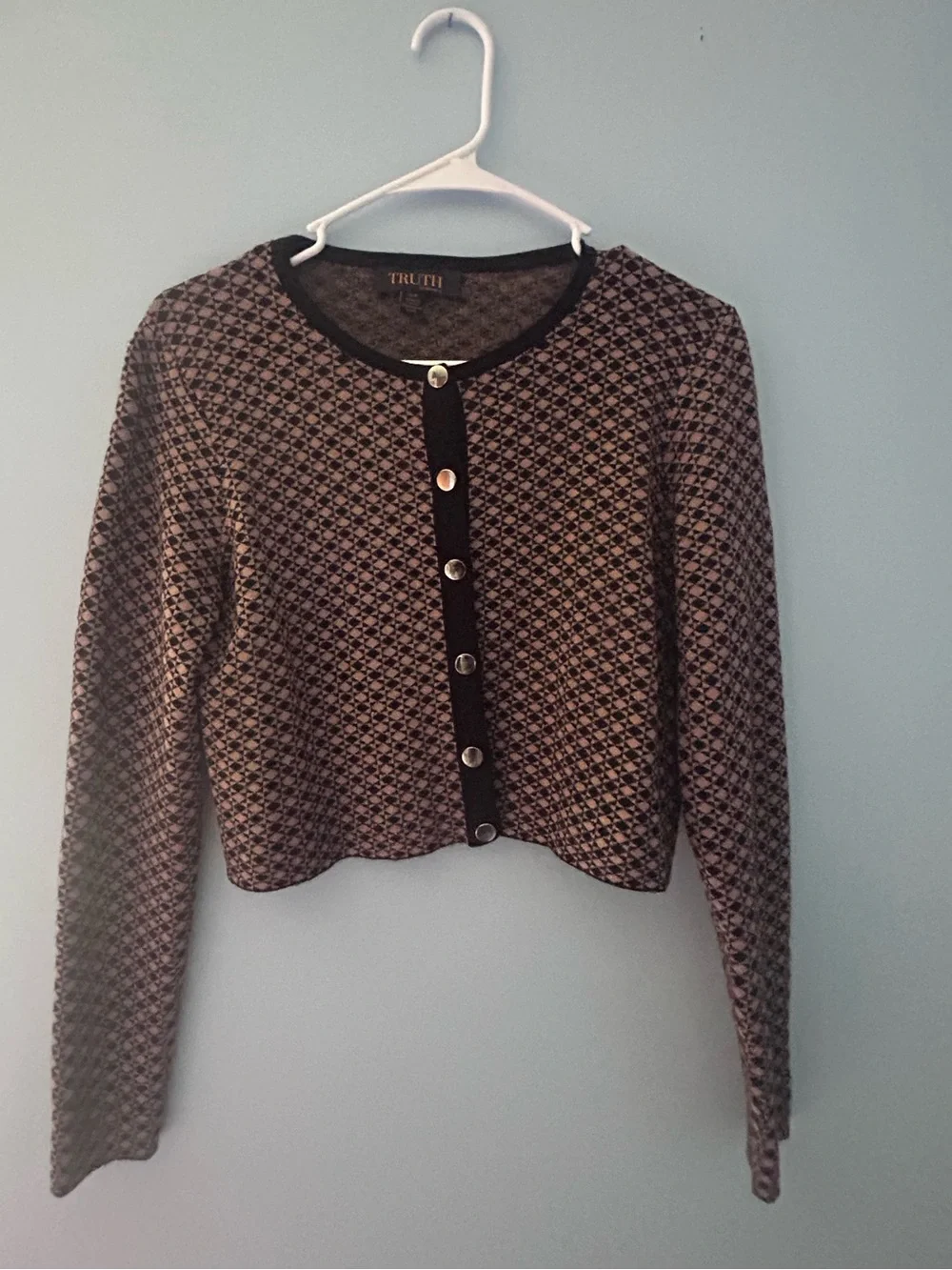Truth by Republic Cropped Patterned Cardigan with Contrast Trim - Picture 1 of 4